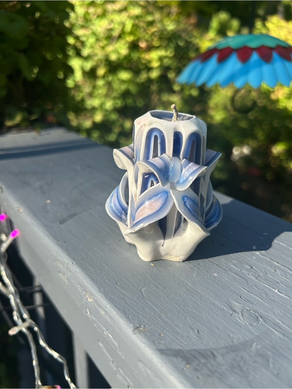Handcrafted Blue and White Carved vintage Ribbon Decorative Candle